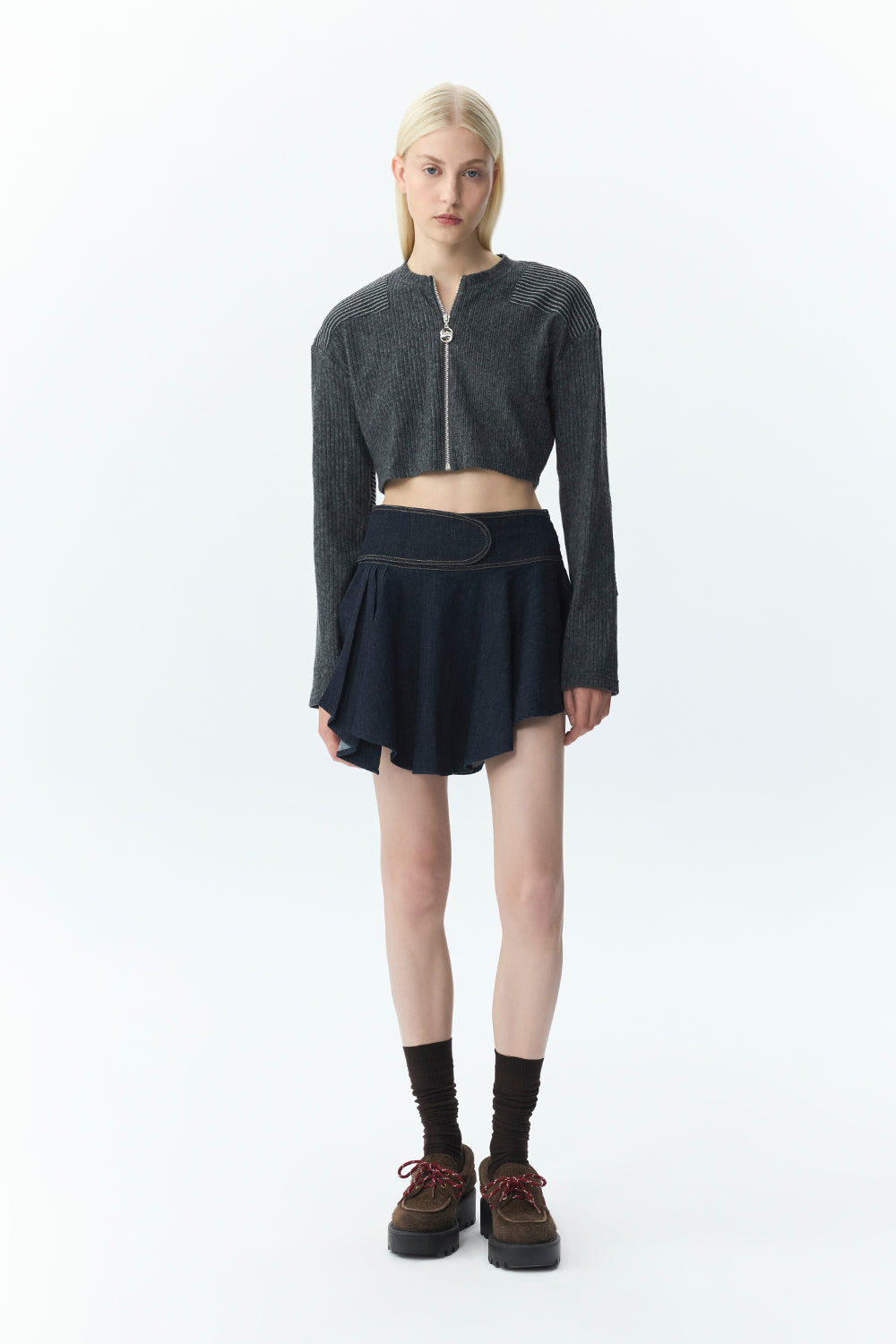 Cropped Zip Wool Cardigan