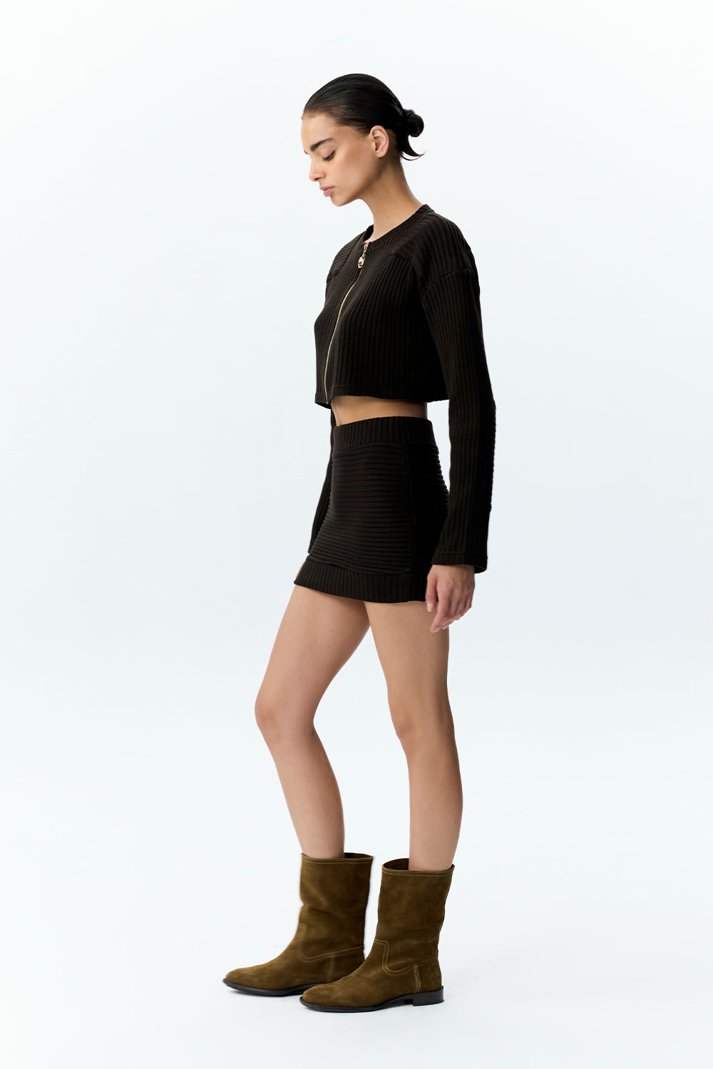 Cropped Zip Knit Cardigan